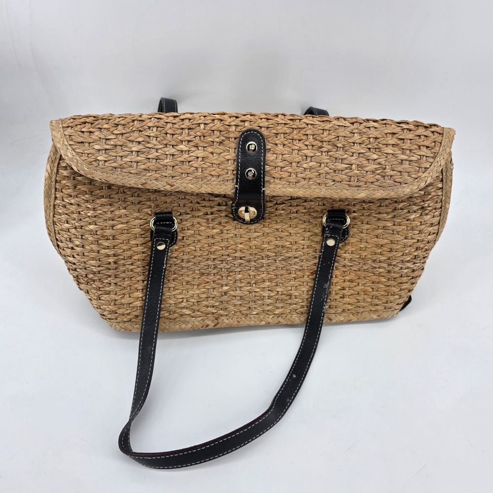 Kate Spade New York Woven Straw Shoulder Bag Tan Black Leather Trim Turnlock - Picture 4 of 12